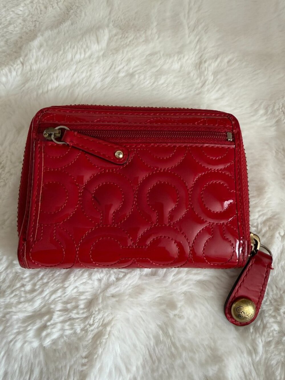 Coach Red Patent Leather Gramercy Quilted Logo Small Zip Wallet